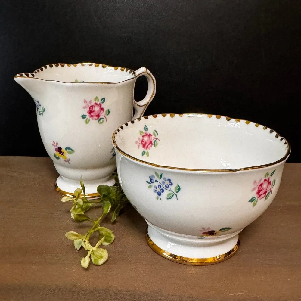 Vintage Royal Stafford Rose Pansy Forget Me Not Bone China Creamer & Sugar set